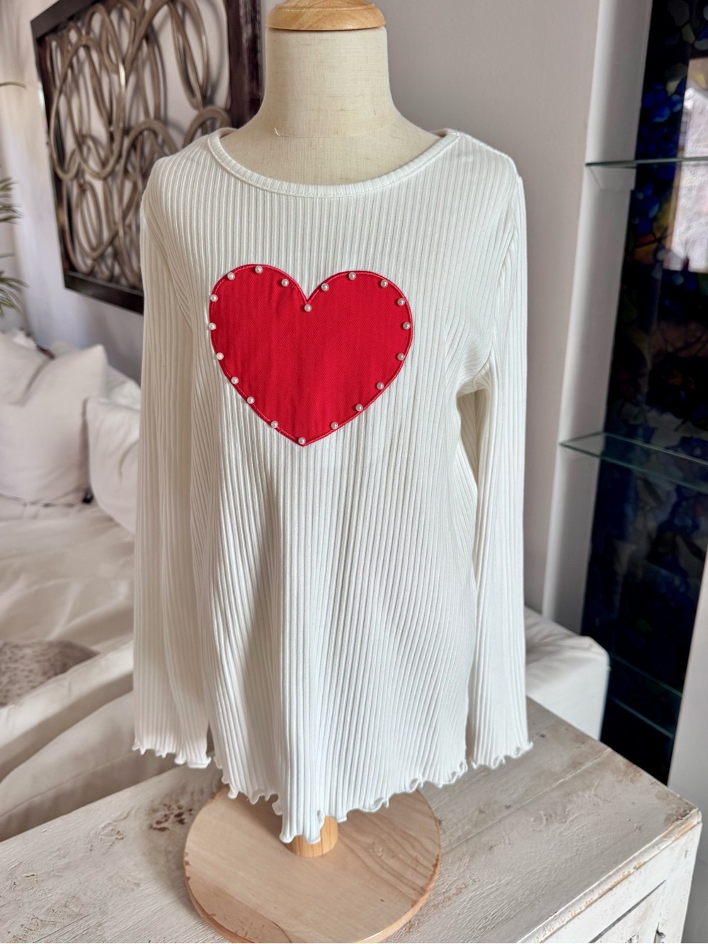 Girls’ White Ribbed Long-Sleeve Top with Red Heart Accent (Size 10/12)